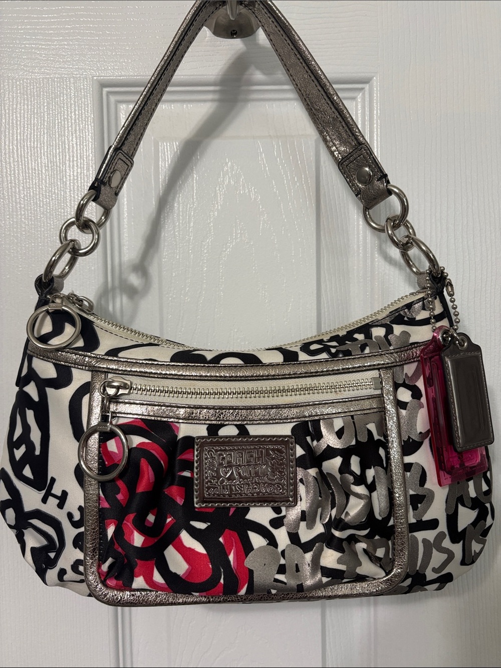 Coach Poppy Graffiti Shoulder Bag with Metallic Trim Silver hardware